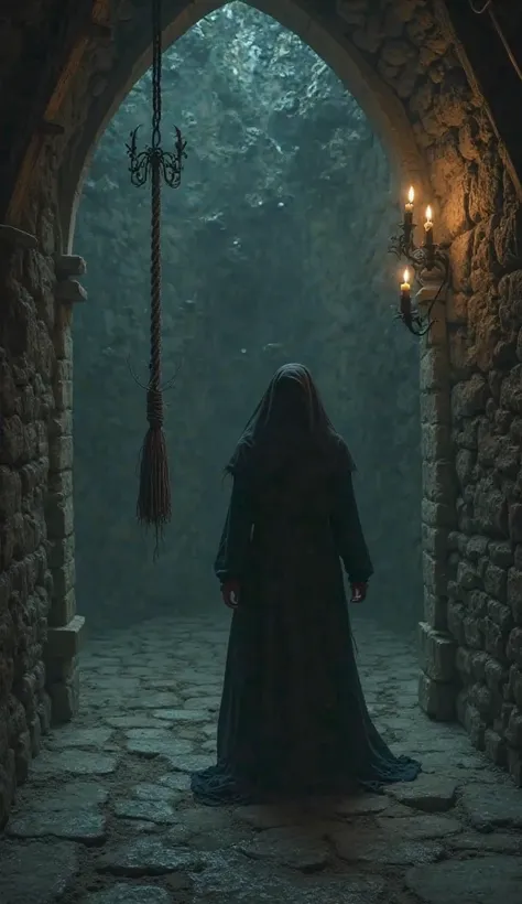 A dark and enigmatic scene in a medieval or occultic environment. A woman walking for a hanging rope