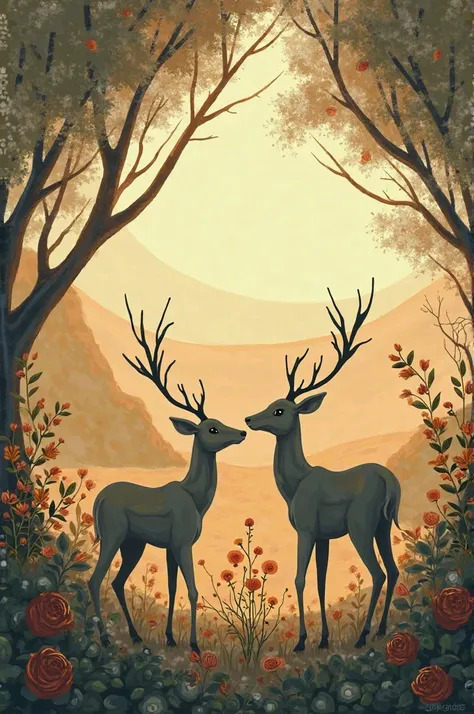 Donne moi une image verticale, qui pourrait être une couverture de livre, qui rappelle à la fois, la forêt, les cerfs, le désert, des fleurs séchées jaunes, un éventail 