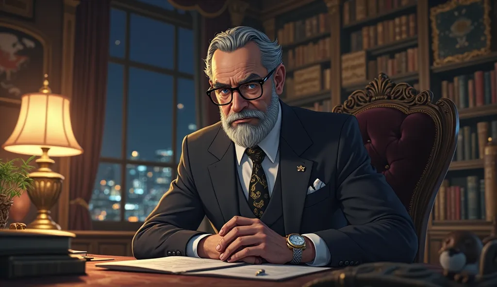 A breathtaking, cinematic Isekai anime-style cinematic shot. A powerful Jewish financial mastermind facing the viewer , looking directly to the viewer , sits in his opulent, dimly lit office, the secretive leader of a global wealth empire. His face is shar...