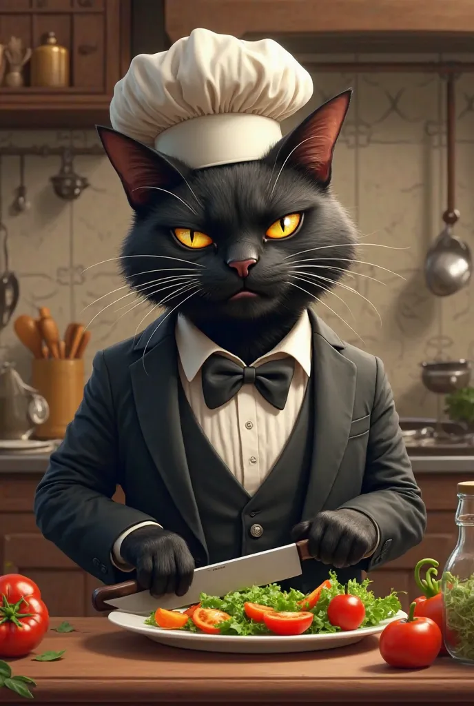 A black cat prepares a salad in the kitchen wearing a chef's hat and a suit with a smirk, cuts vegetables with a knife sits at the table in the middle of the frame 