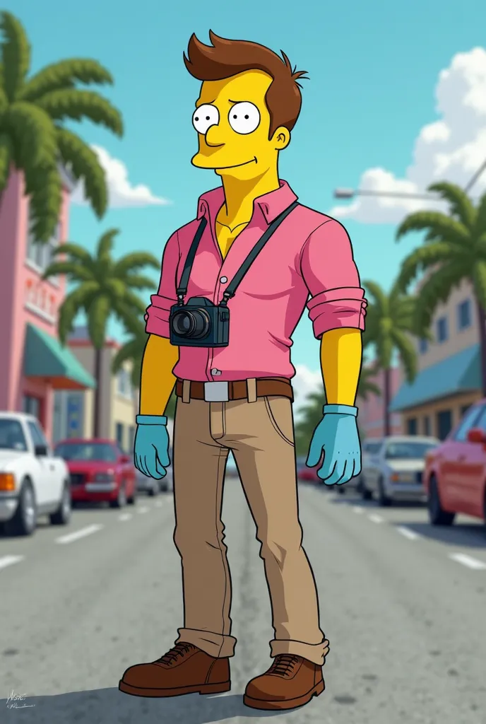 Create a character in the style of Disney Pixar cartoons, with the characteristics of The Simpsons, inspired by the character DEXTER MORGAN from the DEXTER series, In front of a street in Miami. The character DEXTER MORGAN must wear a pink shirt closed on ...