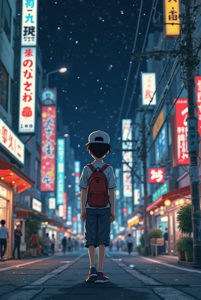 Anime in Studio Ghibli‘s style. A boy dressed in 90s Japanese style, wearing a baseball cap, walks through the quiet Shibuya streets at night, with neon lights from the shops illuminating the surroundings.