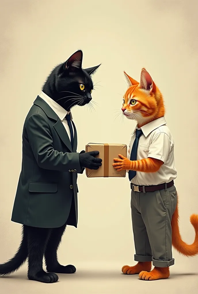 "The black cat in a suit is handing a package box to the orange cat in a school uniform."