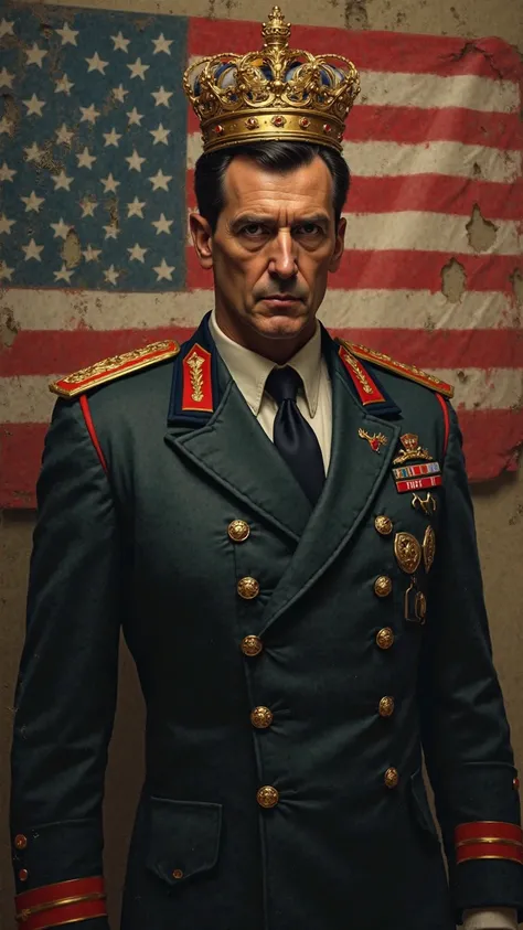 A detailed digital painting showing a mysterious man wearing a real military suit, with a makeshift crown,looking at the camera with a serious look.  The background shows a faded United States flag,  setting a historic tone.