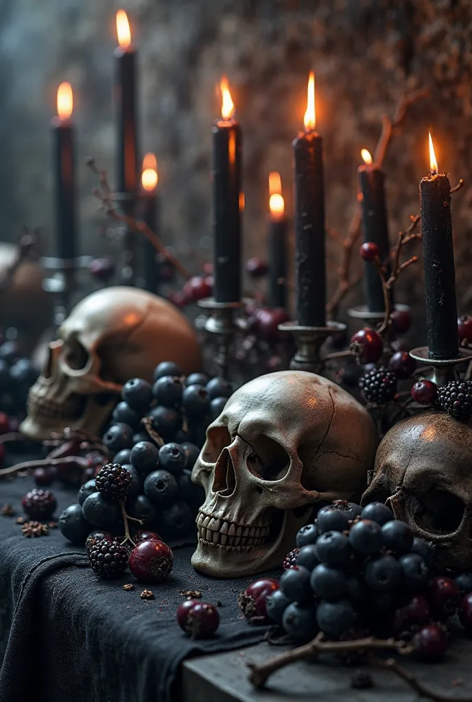 Magic altar with black candles real skulls and dark grapes and blackberries