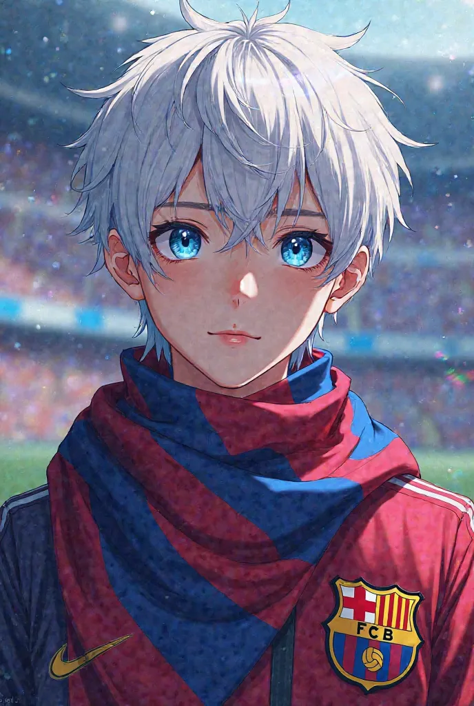 An 18-year-old boy with beautiful white hair and blue eyes wears Barcelona and encourages Barcelona Anime