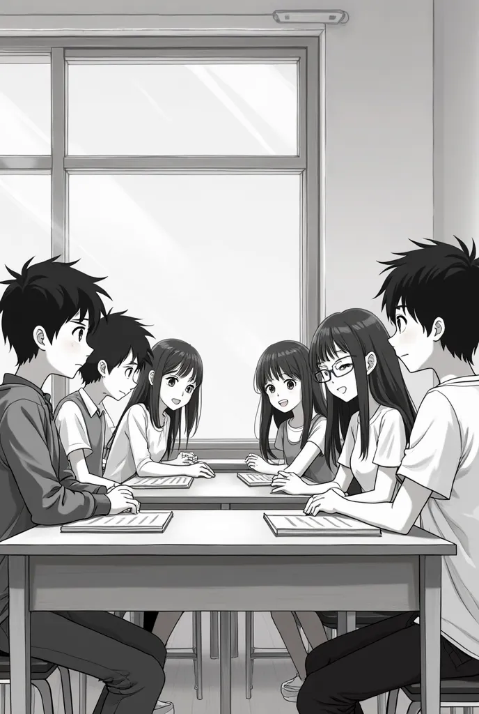 Create an image where the place is a classroom where a couple is talking happily,a sad young man with his head down at the table,a happy boy with glasses,a girl with a sad expression and two friends talking one with a sad expression the other with a happy ...