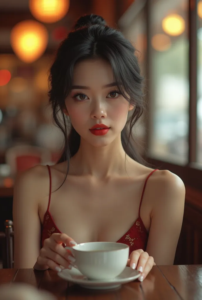 Chinese,Girl, coffee shop,beautiful,red lips, elegant