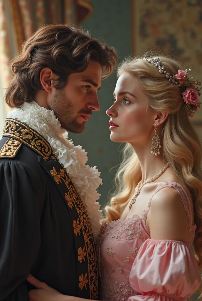 Create an image that is taken from a Victorian era historical romance book cover, showing a handsome brunette-haired duke, 30 years old, very handsome, looking at a beautiful blonde woman who is wearing a pale pink dress, with long hair. Victorian era