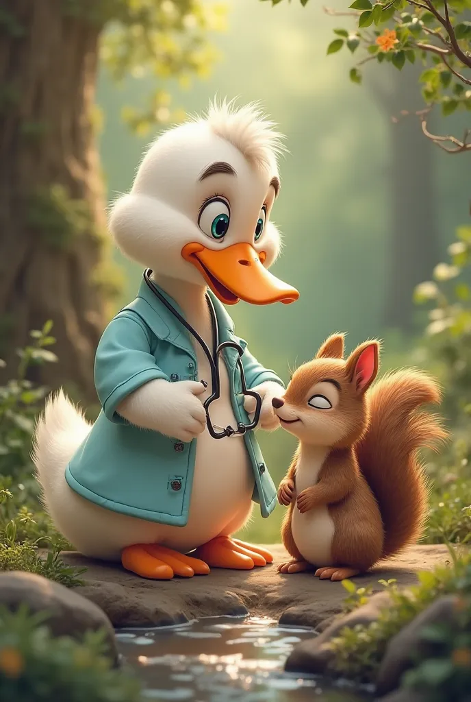 A doctor duck curing a squirrel 