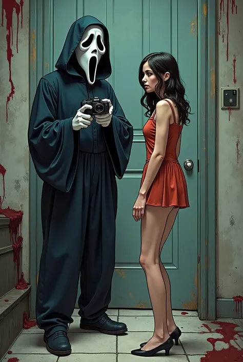 Ghostface from the horror movie scream camera in hand taking photos of female modeling cartoon 