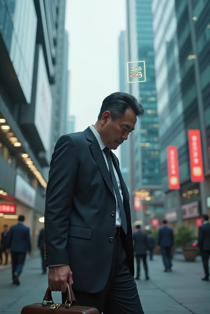 A high-resolution, ultra-detailed 16K full-body portrait of a Chinese man in a formal business suit, standing outside a modern corporate office, crying. Tears stream down his face as he looks downward with a deeply sad and dejected expression. His posture ...