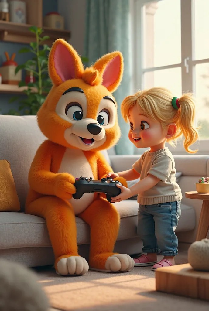 MASCOT FIGURE IN A DRAWING OF A AGER SITTING ON THE SOFA PLAYING A VIDEO GAME AND A GIRL WITH BLONDE HAIR STANDING NEXT TO HIM WITH HER HAND ON HIS SHOULDER CALLING HIM