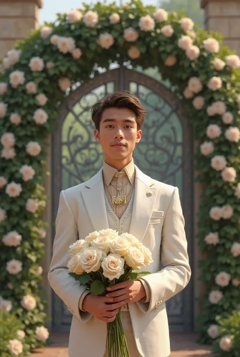 Background: Gate of roses Young man holding white roses in white pormal suits while facing on the front. Necklace name "Shrek"