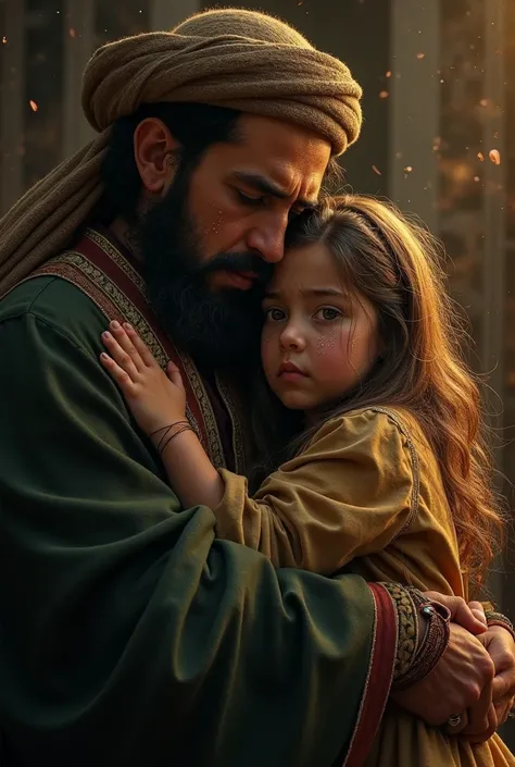 
"A deeply emotional and cinematic scene depicting Imam Hussain (A.S.) sitting with his young daughter in a sorrowful embrace. Tears stream down his face as he holds her gently, conveying an overwhelming sense of love and grief. The lighting is dramatic, w...