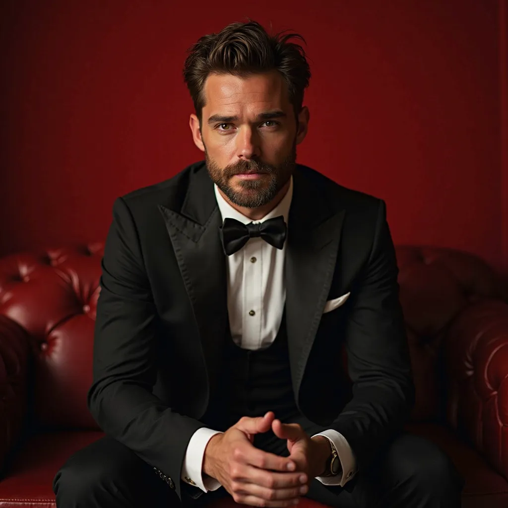   Stephen Amell 42 years old,  short messy hairstyle, Brown hair,thin beard,fair skin,green eyes, defined rectangular jaw, 1.80m tall, wearing  black tuxedo, sitting on couch,in a red room,Photoshoot global illumination, 4K image, ultra-detailed, super res...