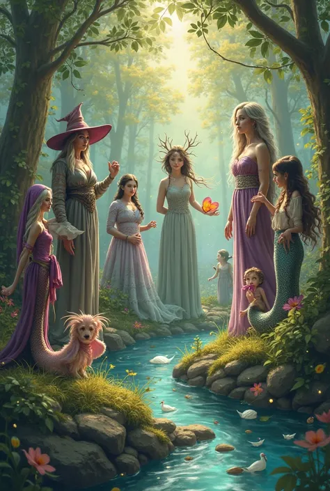 I want you to make me a semi-realistic drawing of 5 witches, 3 mermaids and 4 fairies, each with their unique touch, that are gathered in a beautiful forest