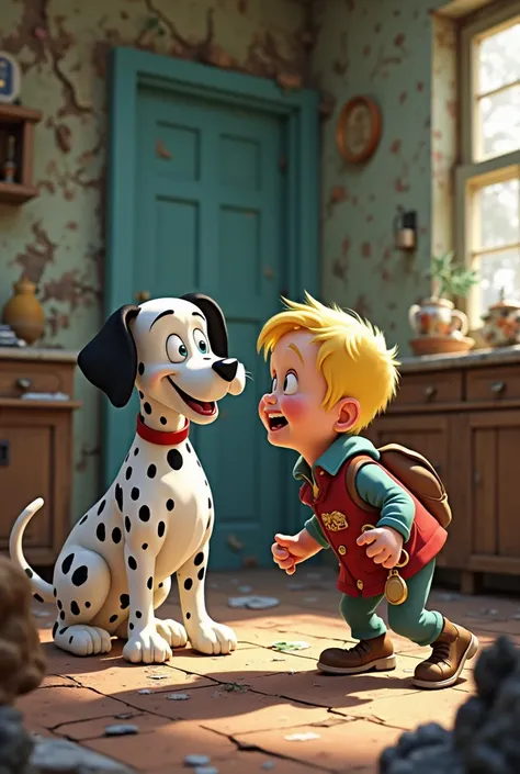 Give me a dinner where a Dalmatian is biting Richie Rich in a shabby house 