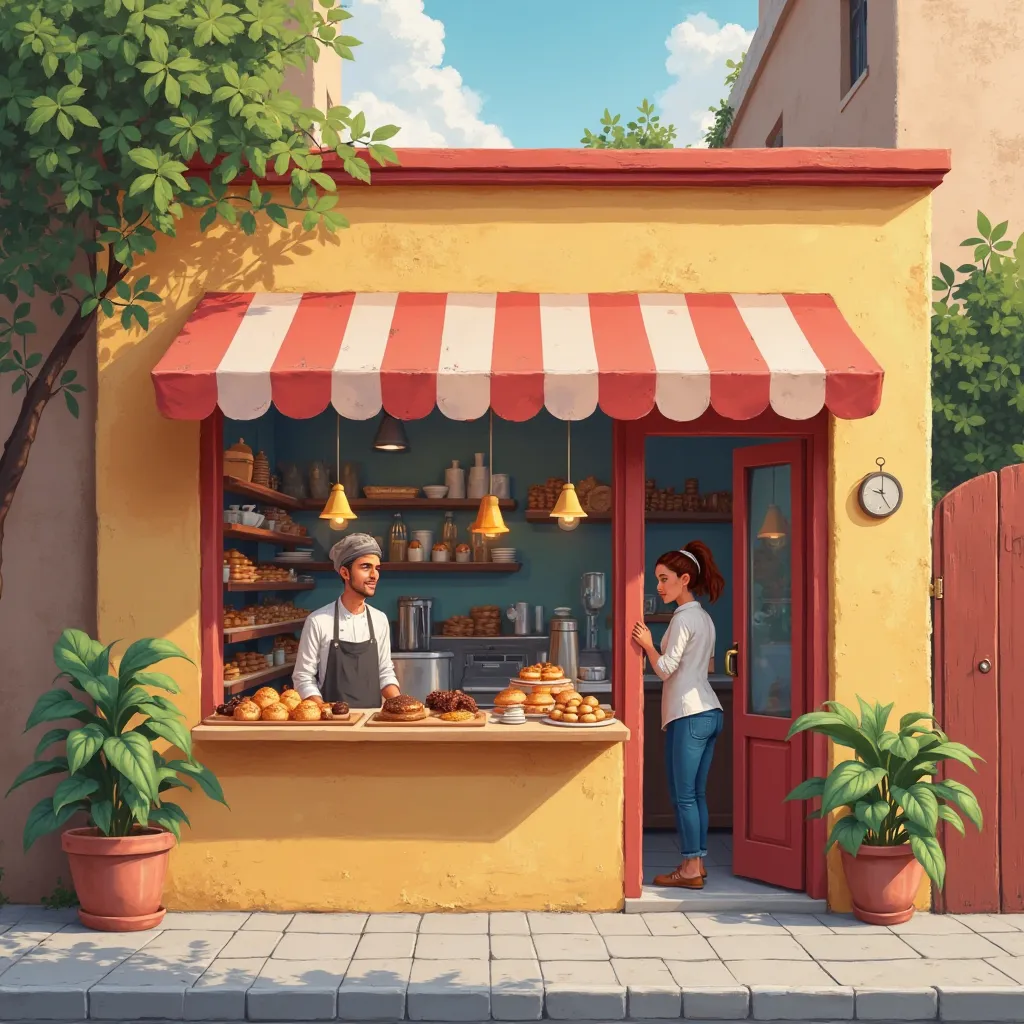 Create me a visual. This visual is a bakery in the heart of the neighborhood, with freshly painted walls, smiling chefs, a friendly and warm atmosphere, a newly opened bakery that attracts a lot of attention, where the neighborhood people line up and queue...