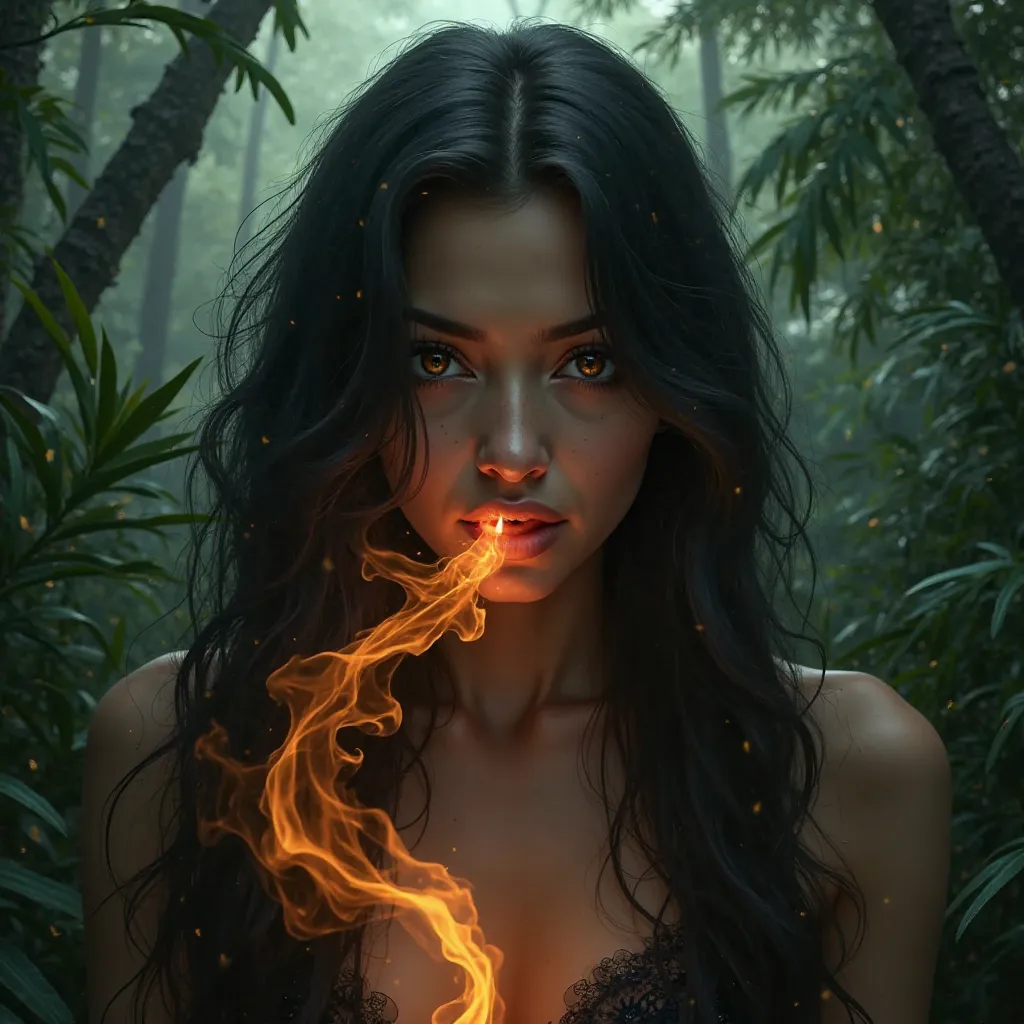 Create an image of a sexy woman, she has black hair and brown eyes, from her mouth comes out of a flaming smoke, she is in the jungle. 