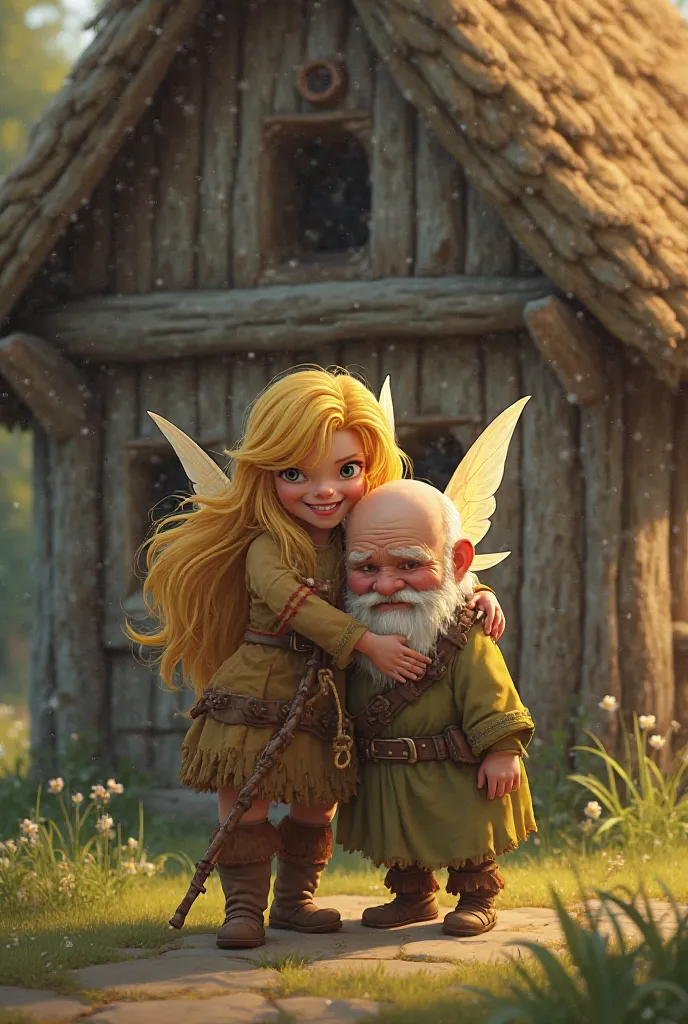 A blonde fairy in green dress hugging an old and short dwarf in front her wooden house 