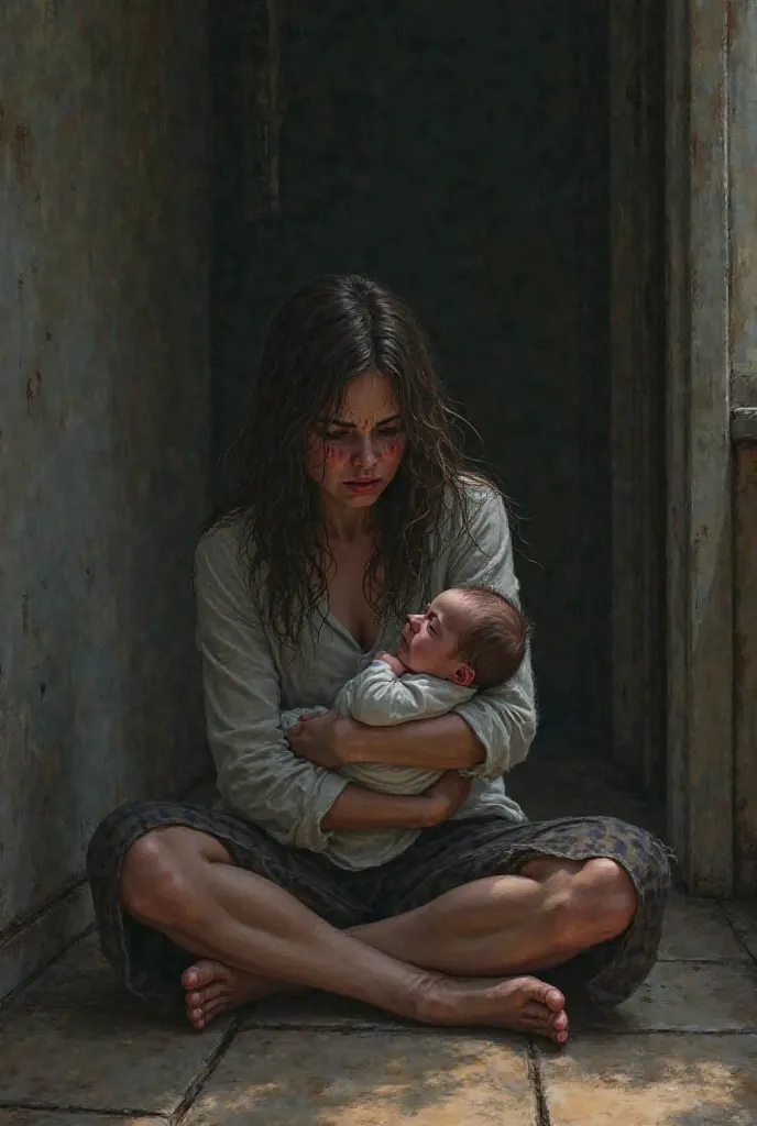 The baby is born and the husband leaves them, making the wife cry on the floor with her baby in her arms