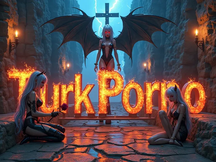 A dark and cinematic fantasy scene featuring the word 'TurkPorno' in large, fiery molten metal letters, glowing intensely on an ancient, cracked stone pathway. The setting is a gothic medieval canyon with towering rock walls, eerie blue lightning flashing ...