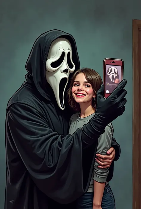 Ghostface from the horror movie scream cellphone in hand taking selfies with a female smile cartoon 