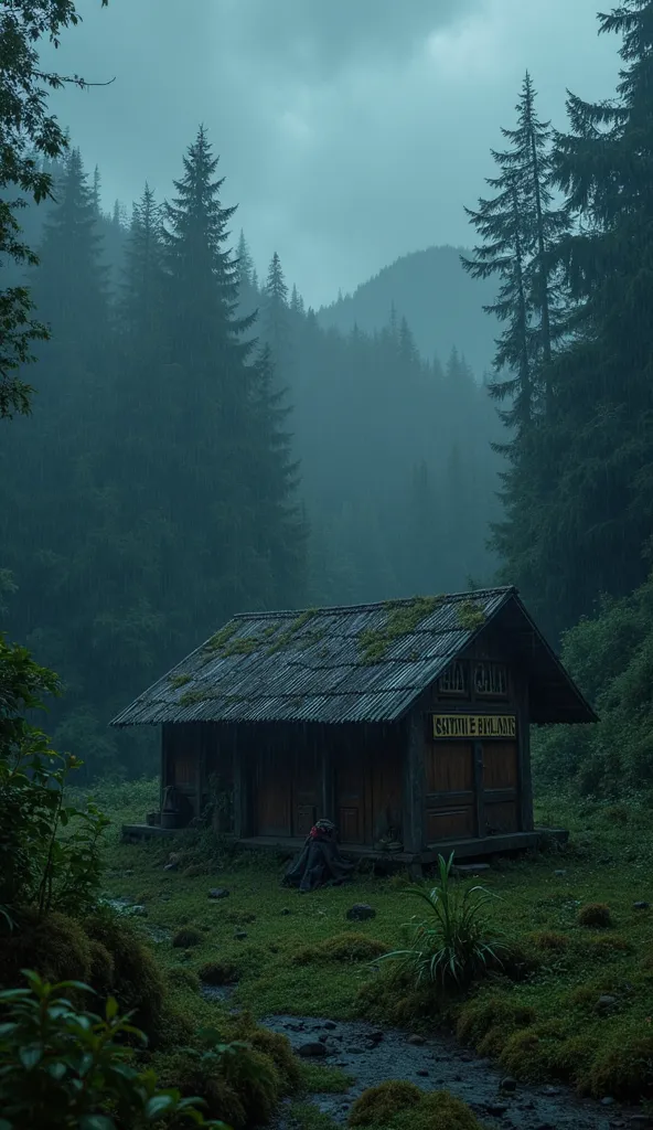 cinematic portrait of heavy rain, an old hut with the words "BASECAMP SANTRI ALAS" in large, legible letters. in an old hut typical of an Indonesian hut in the middle of a wilderness full of fog through the thick trees of a large, mossy forest with a backg...