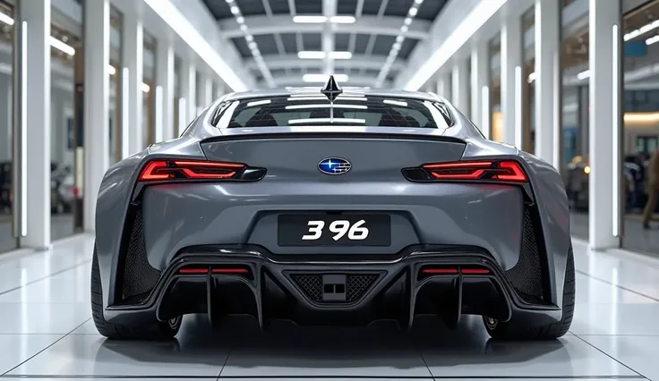 An ultra-realistic image  of Aggressive back view with  Aggressive  with Subaru logo of a 2025 Subaru 396 The car features a large, imposing, kand aerodynamic design shiny gray and shiny extrior. Aggressive back view end has a wide, aggressive with intrica...