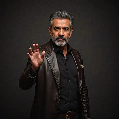 "A 40-year-old man standing in front of a camera, teaching an audience with a hand wave. He is wearing a luxurious leather coat for the winter and a stylish luxury watch on his wrist. His appearance gives off the vibe of a Danish war hero. The scene is pro...