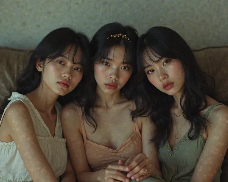 Three South Korean girls,   ALL WITH BLACK HAIR , years sitting on a couch with a serious expression, Wearing dresses from the 80s. Super realistic image.