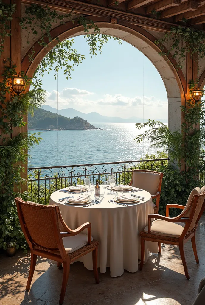 Nice restaurant with tables and chairs, Decorative plants, decorative lights and large window to the sea