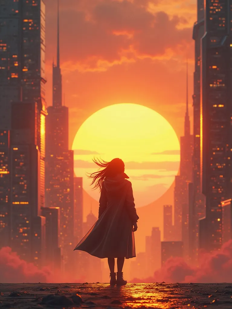 "An epic background with dramatic lighting. The camera slowly approaches a solitary character from behind while watching a sunset in a futuristic city. An inspirational phrase appears on screen with a dynamic writing effect, as the wind moves his coat and ...