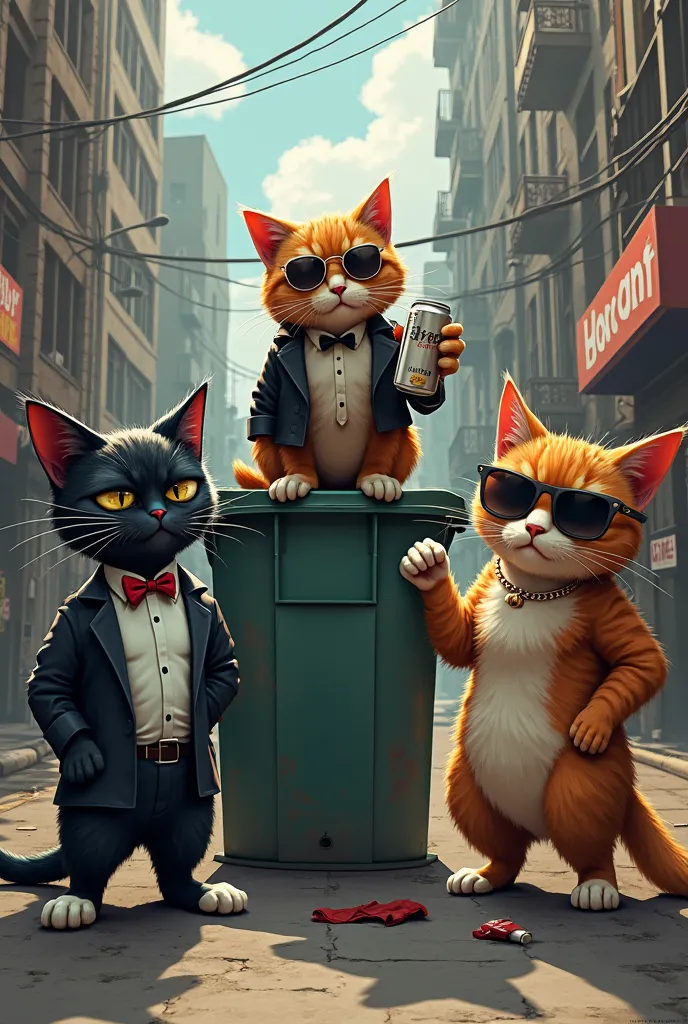 Dealer Cat drinking beer on a garbage container in the middle of the city, angry tuxedo cat other cat smoking and sun glases 