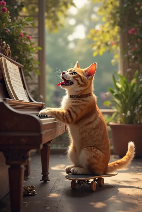 Look at a cat playing the piano and singing.”
• “A dog riding a skateboard and showing off in the park.