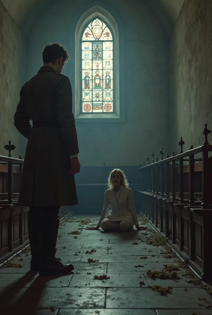 Realistic image of a scene at night in an abandoned Orthodox Church with icons and crosses, a blonde 19 years old Russian nurse is sitting on the ground, scared of the brown-haired thin young German officer who is standing with his back and is speaking wit...