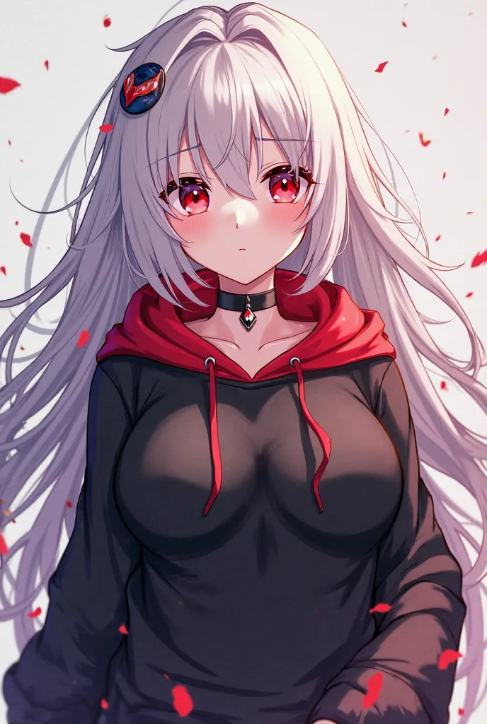 An animated vtuber character shemale with white hair and red, with a black sweater with a red hood , blue eyed facing the screen ,huge breasts 