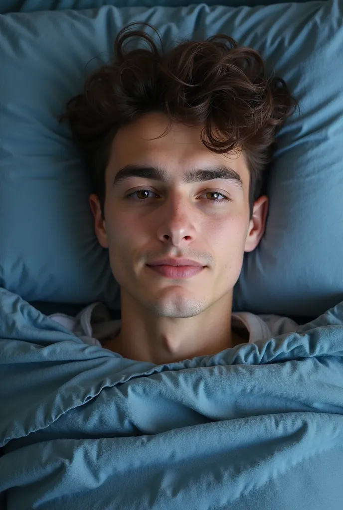 there is a young man laying on a bed with a blue blanket, a picture by Mym Tuma, tumblr, hurufiyya, ayan nag, very very low quality picture, around 1 , with kind face, 18 years old, with accurate face, 4 0 years old man, 1 , very very very beautifull face