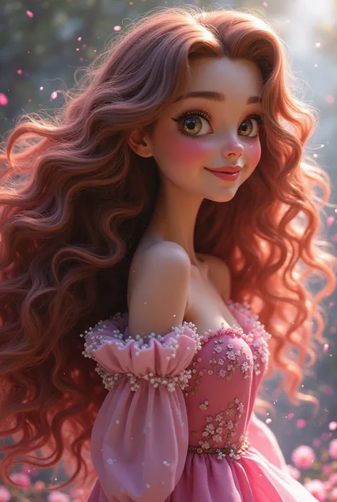   with very long curly hair with colored locks of pink dress brown hair,da Disney 