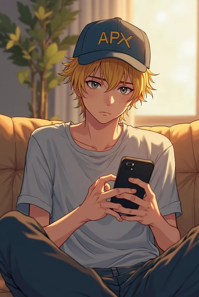 The guy looks like Gojo Satoru, but blond, sitting playing phone wearing an APX cap