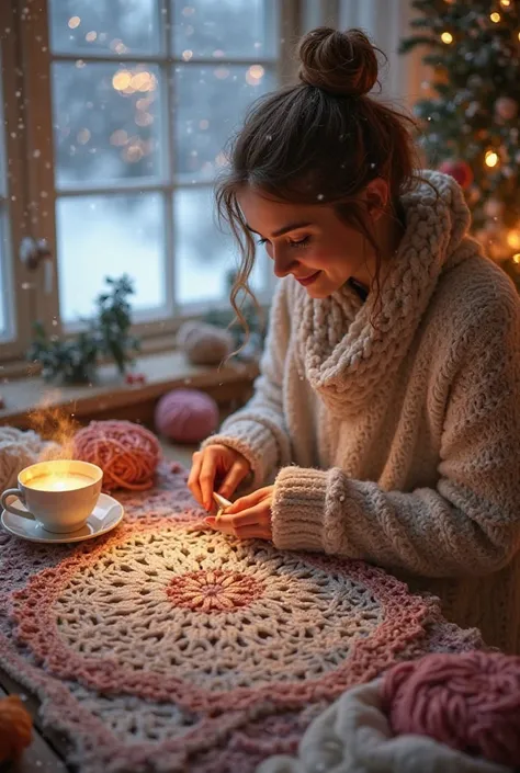 Here’s the updated highly detailed description, ensuring the AI generates the image exactly as you envision it:

Detailed Image Description:

A young woman crocheting, with her face not visible, sitting in a warm and cozy winter setting. She is wearing sof...