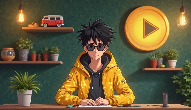 Create an image of a young male anime charactersitting at a modern desk, wearing a yellowfuturistic jacket with glowing circuit patterns. Thecharacter has spiky black hair and is wearing darksunglasses. The background is a dark green wallwith floating wood...