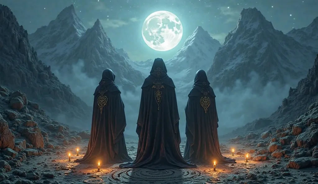 From the back, three people wearing mysterious clothes stand in a ceremony in a place illuminated by strange candles and carved symbols on the ground behind mountains in a moonlit night