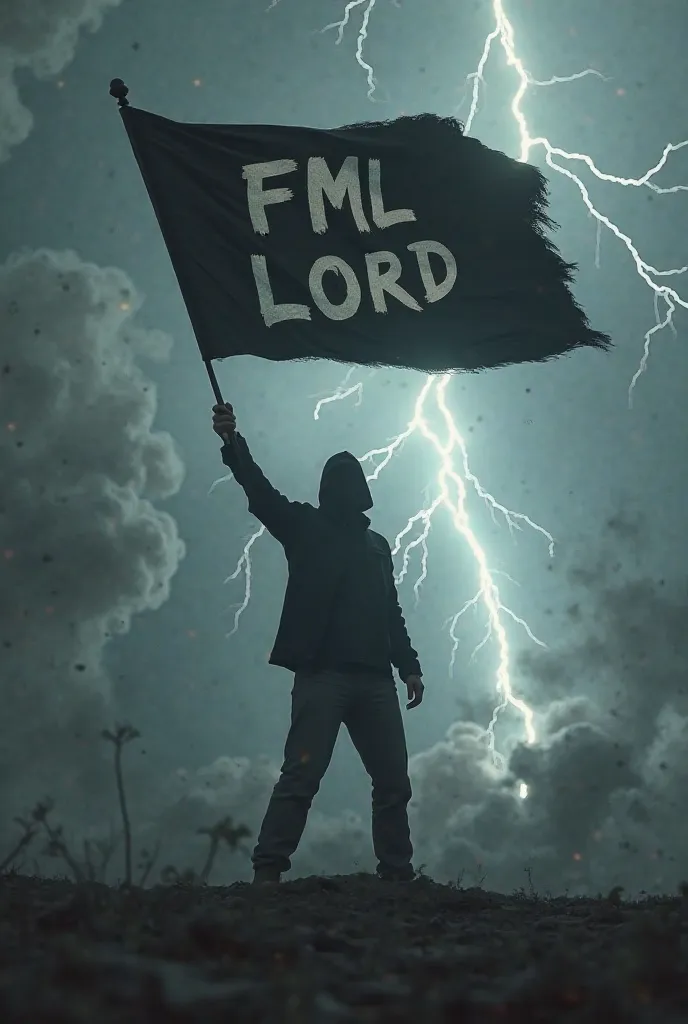 A person holding a black flag with “FML LORD” written in the text of the flag, with smoke and a few lightning bolts in 4K resolution.