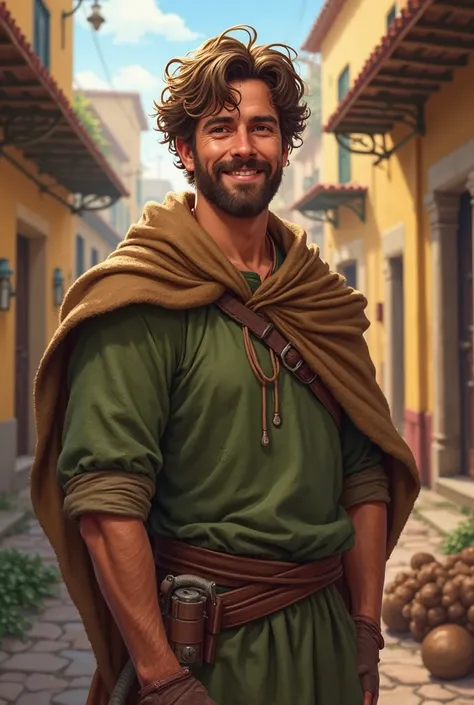  San José : young man with slightly long hair and brown beard,  Green tunic , brown cloak , working as a carpenter, smiling and looking friendly