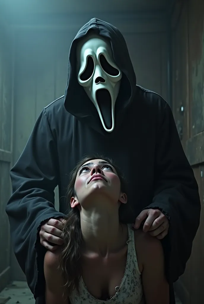 Ghostface from the horror movie scream aggressive anger mad at female cartoon CGI 