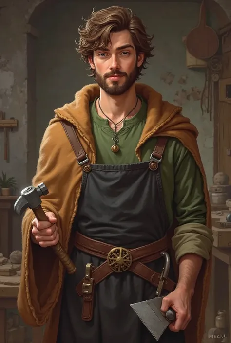  San José : young man with slightly long hair and brown beard,  Green tunic , brown cloak , with black apron , hammer in the hand and saw in the other, smiling and looking friendly