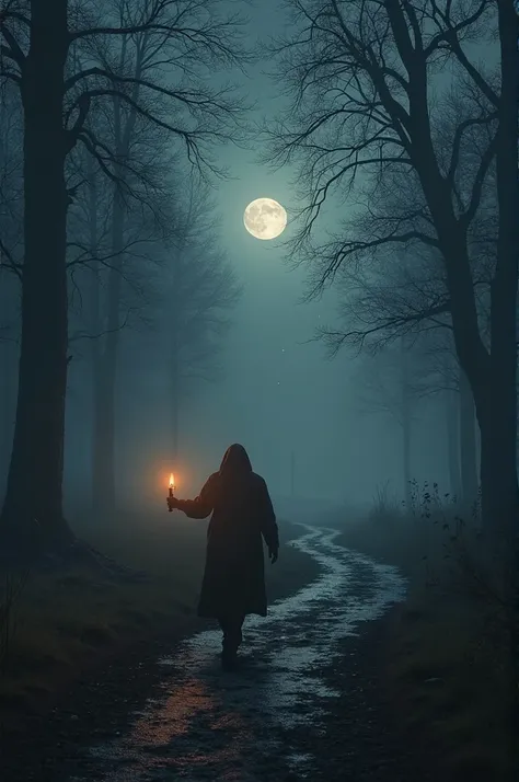 A first-person perspective (POV) of a person walking on a dirt road at night, holding a lit candle. The moon shines brightly in the sky, casting a mystical glow. The path leads toward a mysterious crossroads, surrounded by a dark and foggy atmosphere. The ...