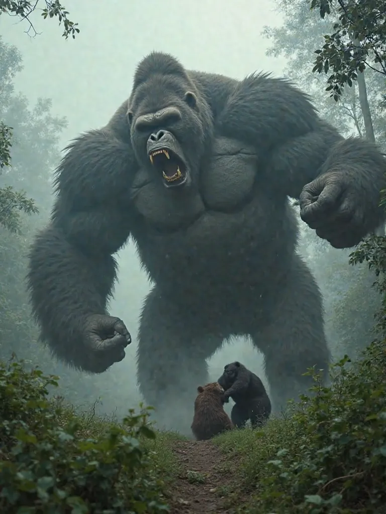 "A massive battle unfolds in a dense, foggy jungle as King Kong, the mighty ape, faces off against a colossal bear, twice the size of a grizzly. The bear roars, charging forward with its razor-sharp claws, swiping at Kong with incredible force. Kong dodges...